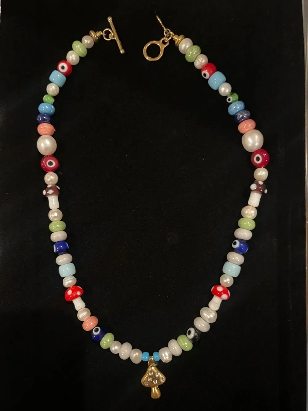 Gold Mushroom Pendant Multicolor Beaded Necklace - Women Jewelry